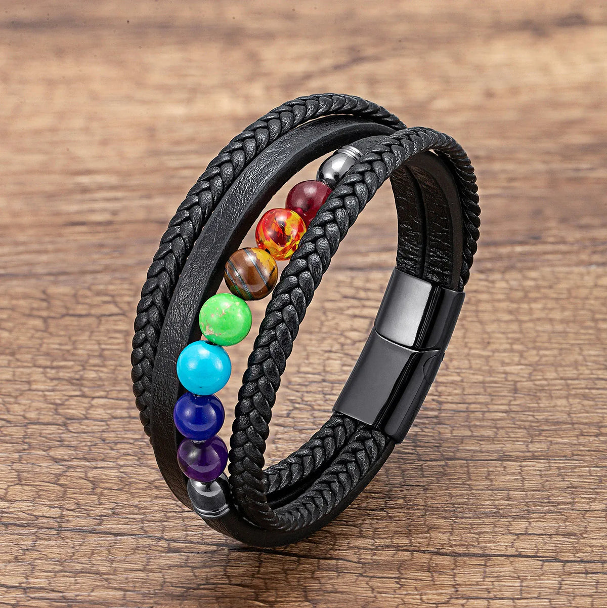 Bracelet Cuir Tressé Multirang 7 Chakras Noir serré / 21 cm