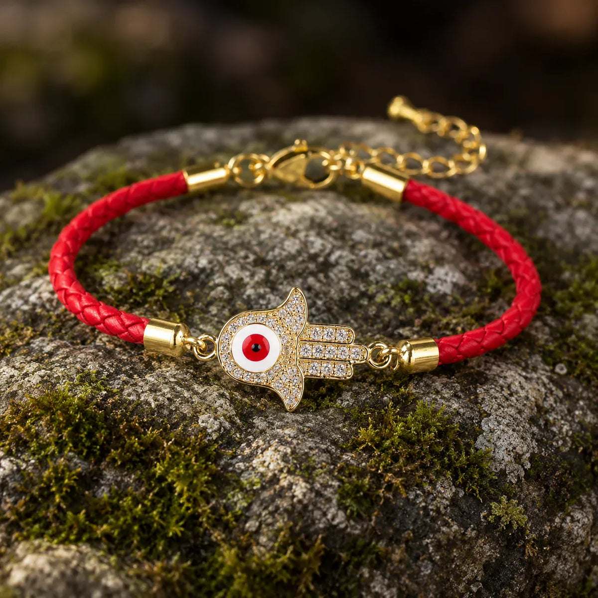 Bracelet Cuir Tressé Rouge Main de Fatima Sertie Rouge