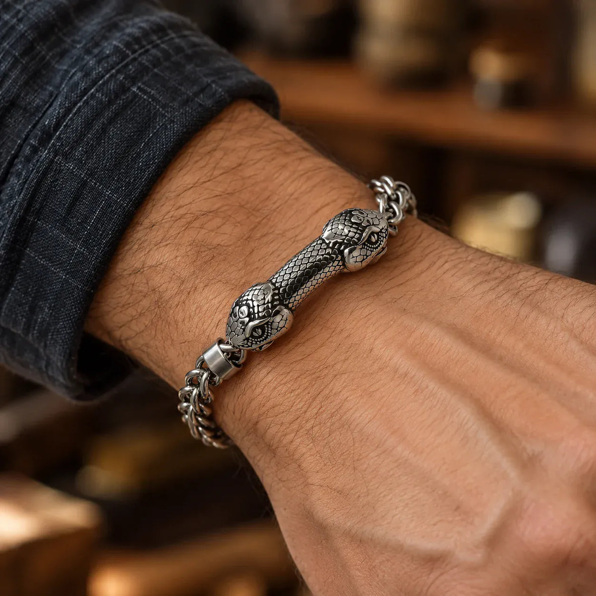 Bracelet Double Tête de Serpent sur Chaîne