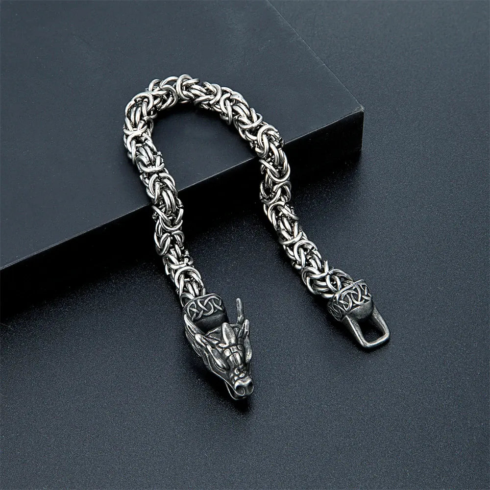 Bracelet en acier inoxydable tête de dragon viking pour homme, chaîne byzantine à nœud celtique, bracelet rétro, amulette de guerrier nordique, bijoux punk