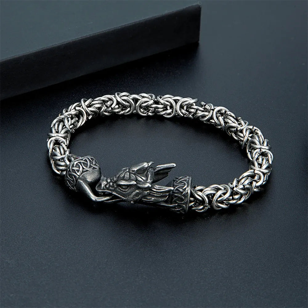 Bracelet en acier inoxydable tête de dragon viking pour homme, chaîne byzantine à nœud celtique, bracelet rétro, amulette de guerrier nordique, bijoux punk Dragon / 19CM