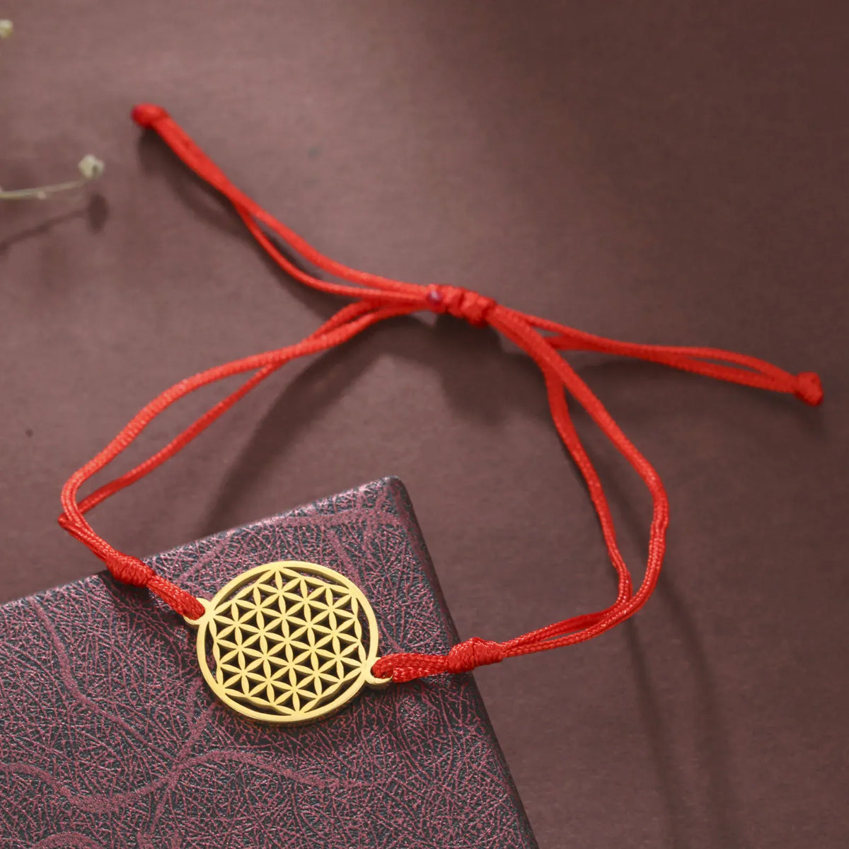 Bracelet Fleur de Vie sur Cordon Coulissant Rouge et doré