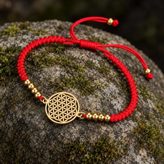 Bracelet Fleur de Vie sur Cordon Tressé et Perles Dorées