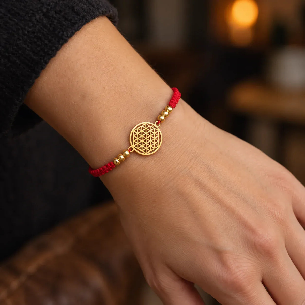 Bracelet Fleur de Vie sur Cordon Tressé et Perles Dorées