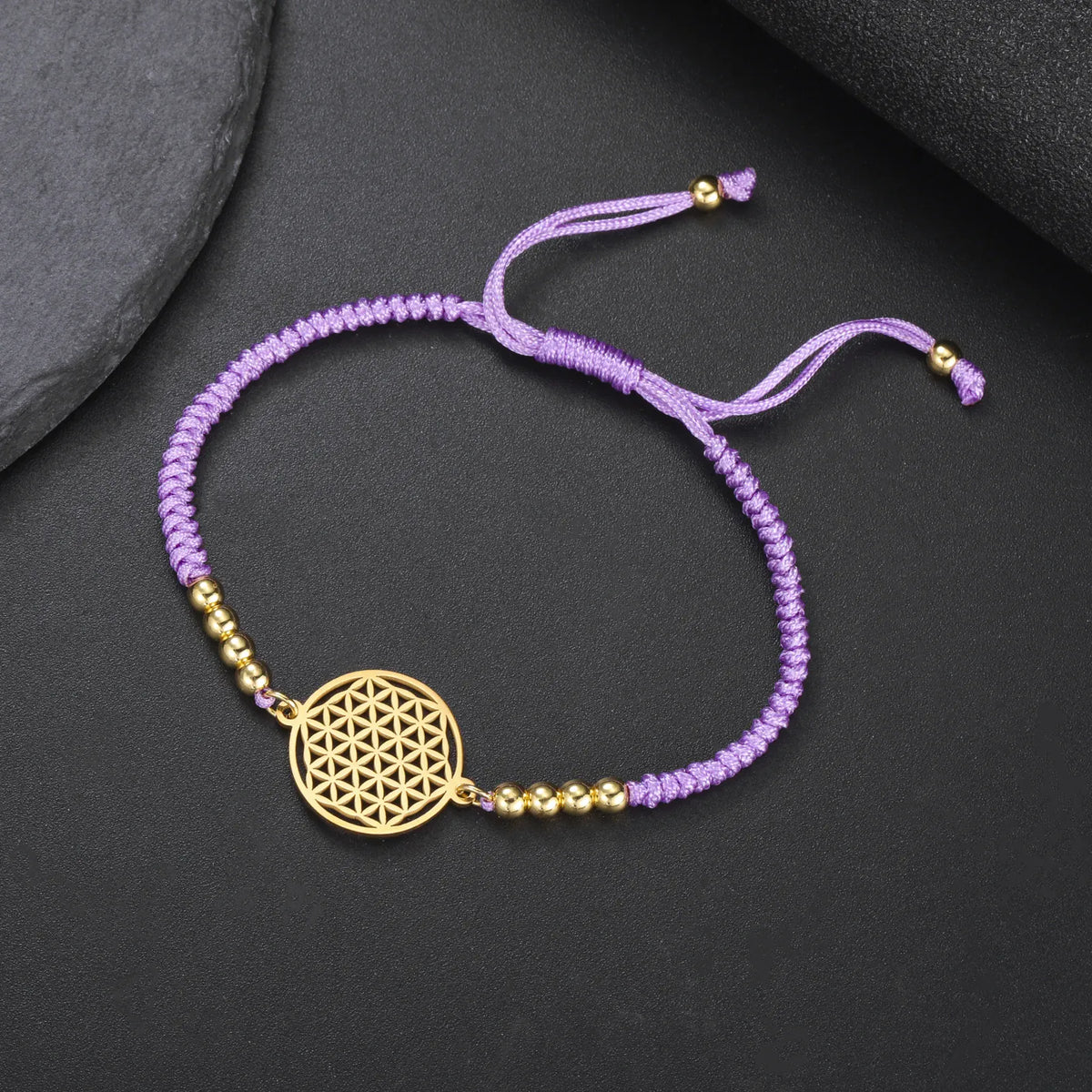 Bracelet Fleur de Vie sur Cordon Tressé et Perles Dorées Cordon violet