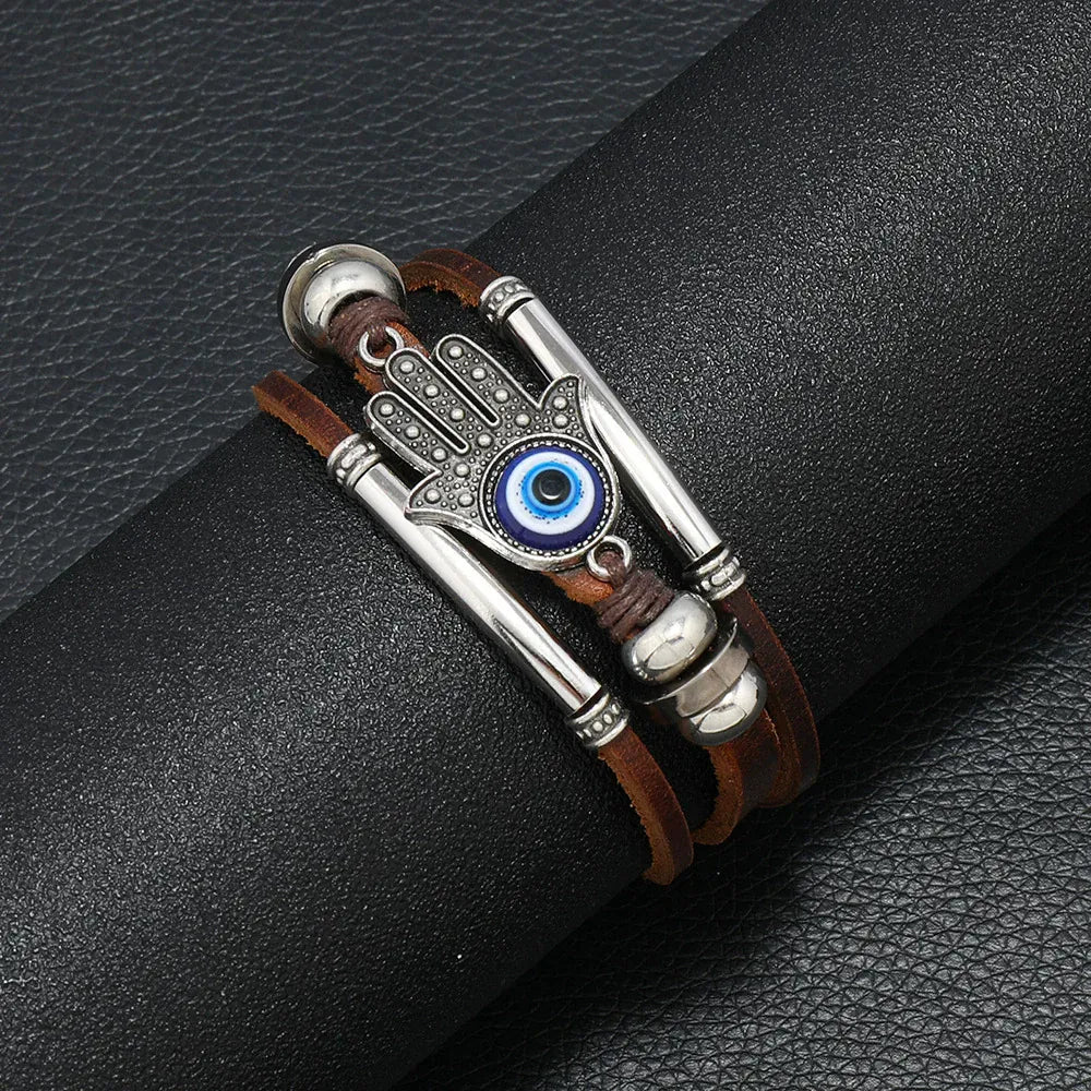 Bracelet Lanières Marron Main de Fatima et Œil Marron
