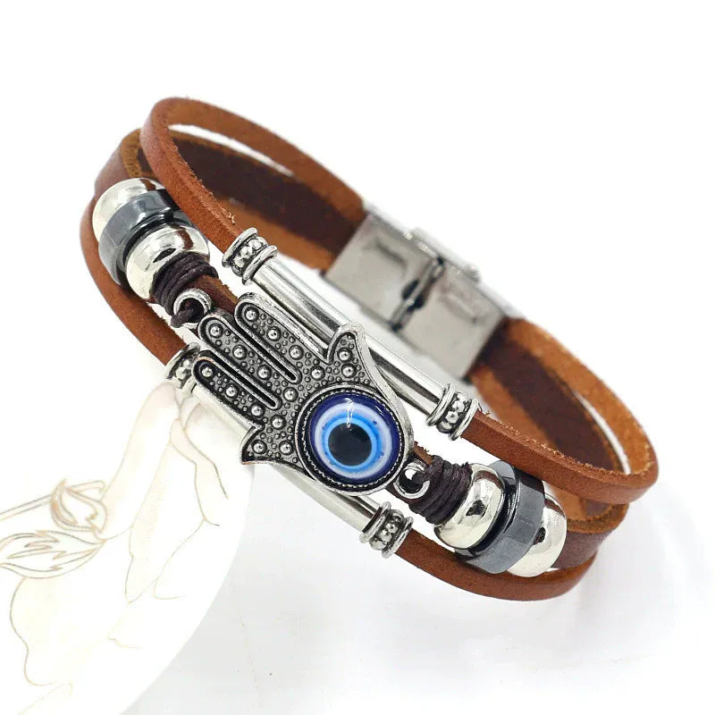 Bracelet Lanières Marron Main de Fatima et Œil Marron