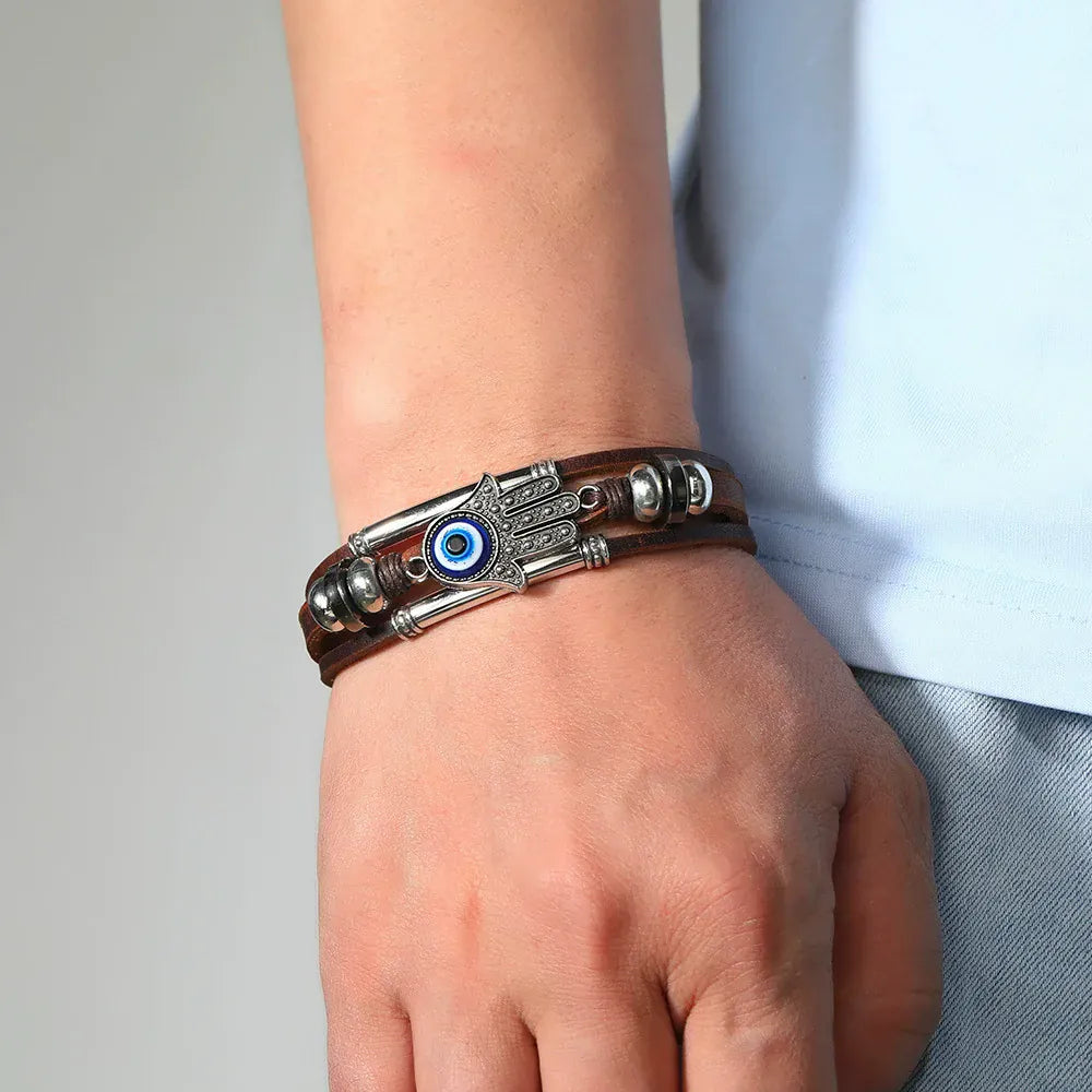 Bracelet Lanières Marron Main de Fatima et Œil Marron