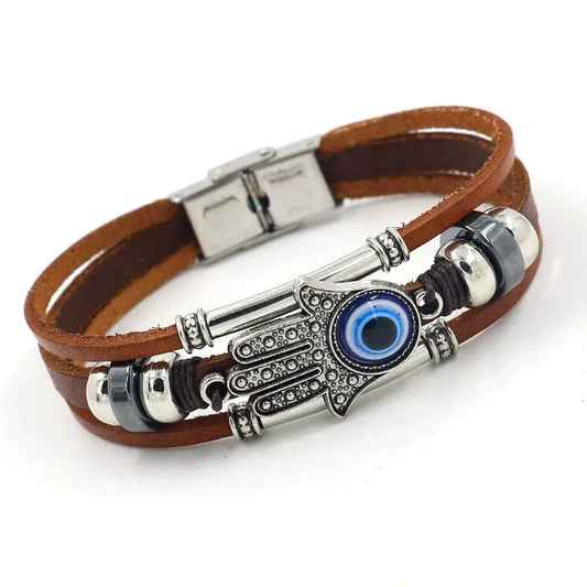 Bracelet Lanières Marron Main de Fatima et Œil Marron