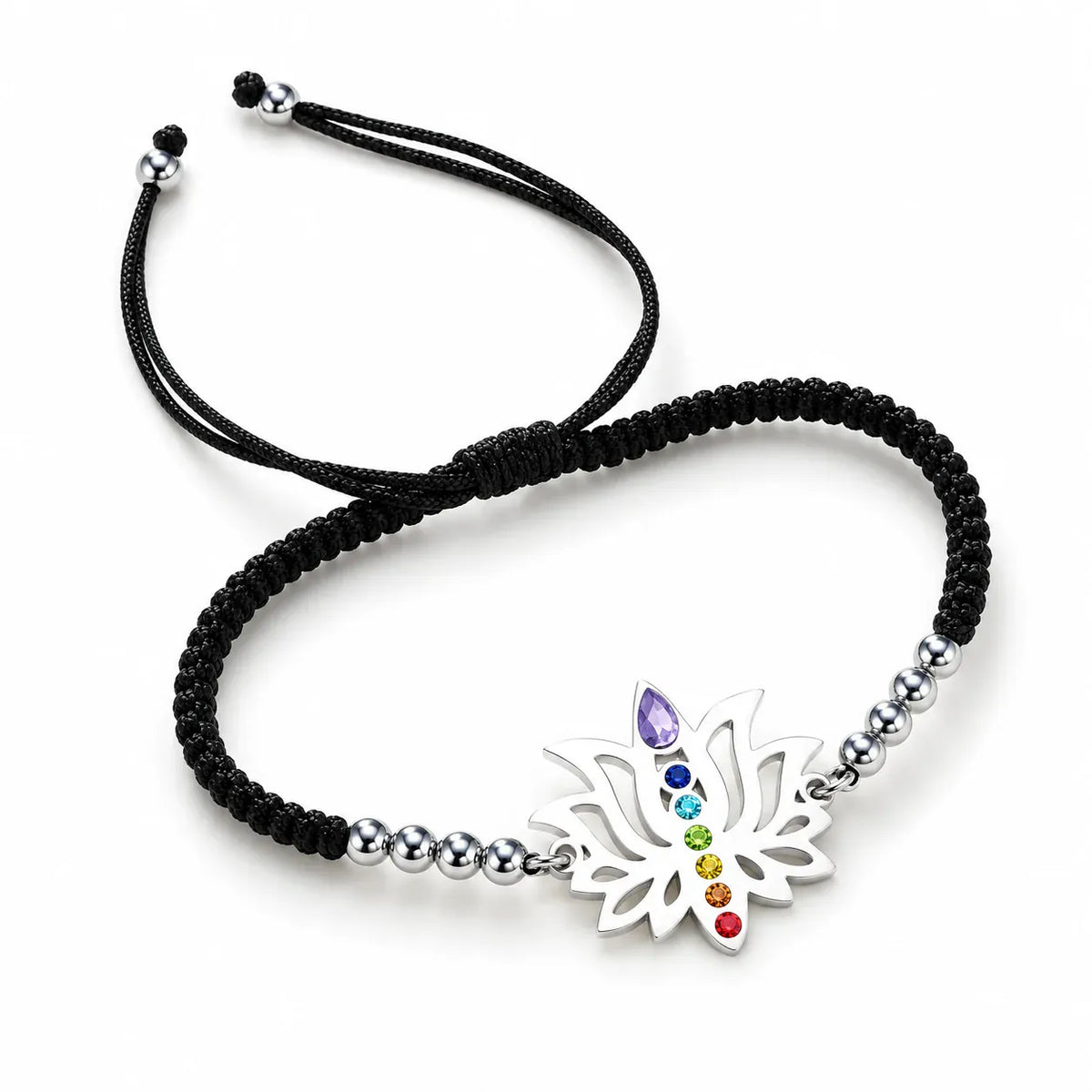 Bracelet Lotus 7 Chakras sur Cordon Tressé Noir et argenté