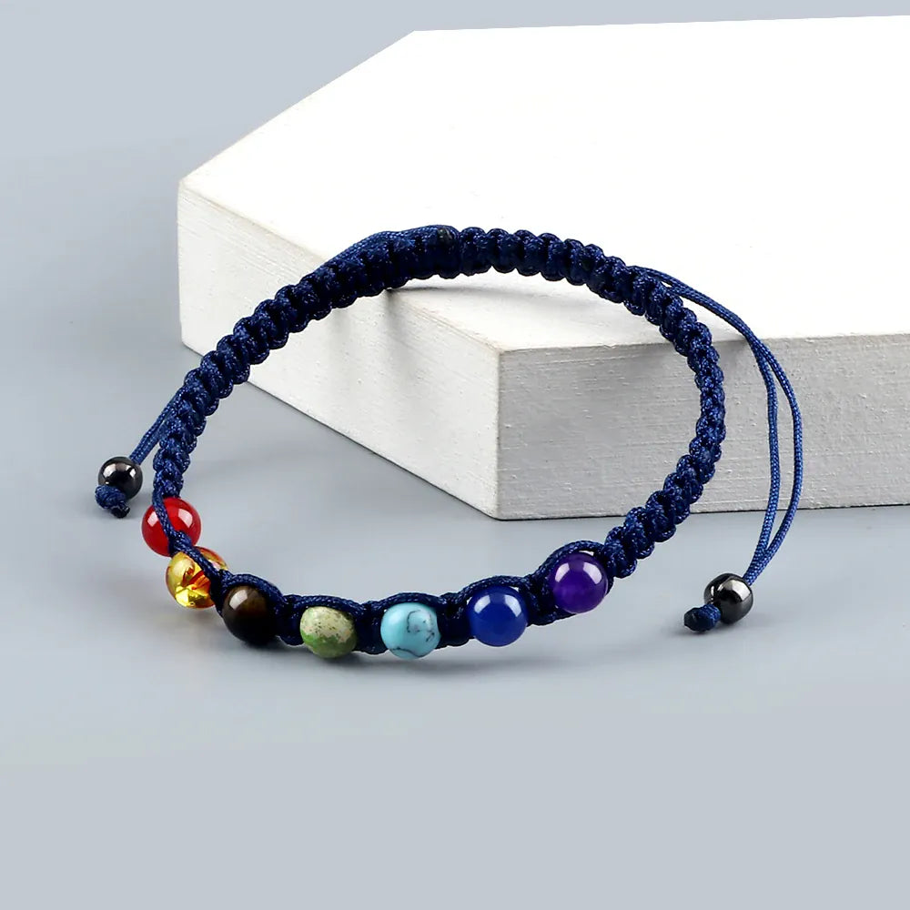Bracelet Macramé Tressé 7 Perles de Chakras Bleu marine