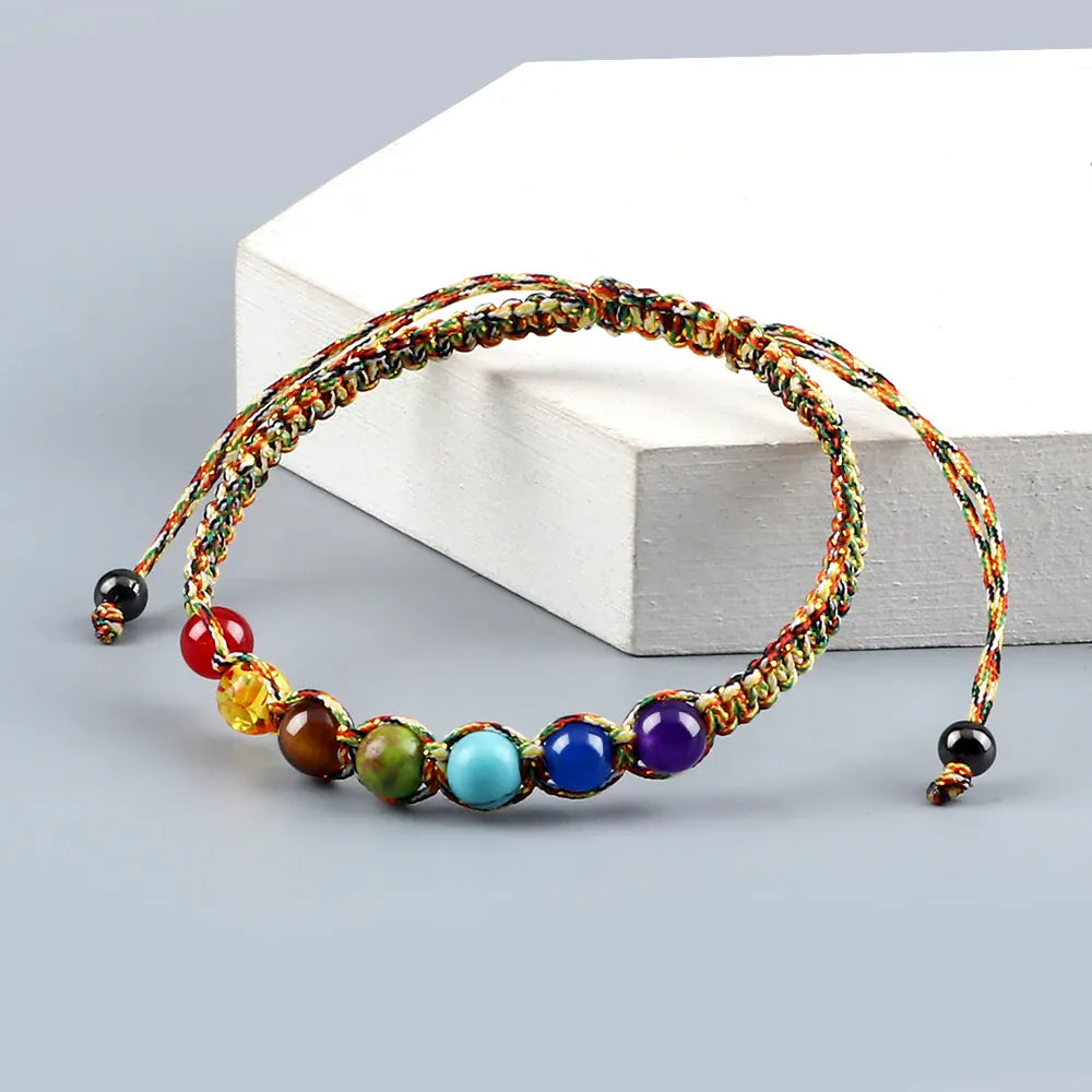 Bracelet Macramé Tressé 7 Perles de Chakras Multicolore