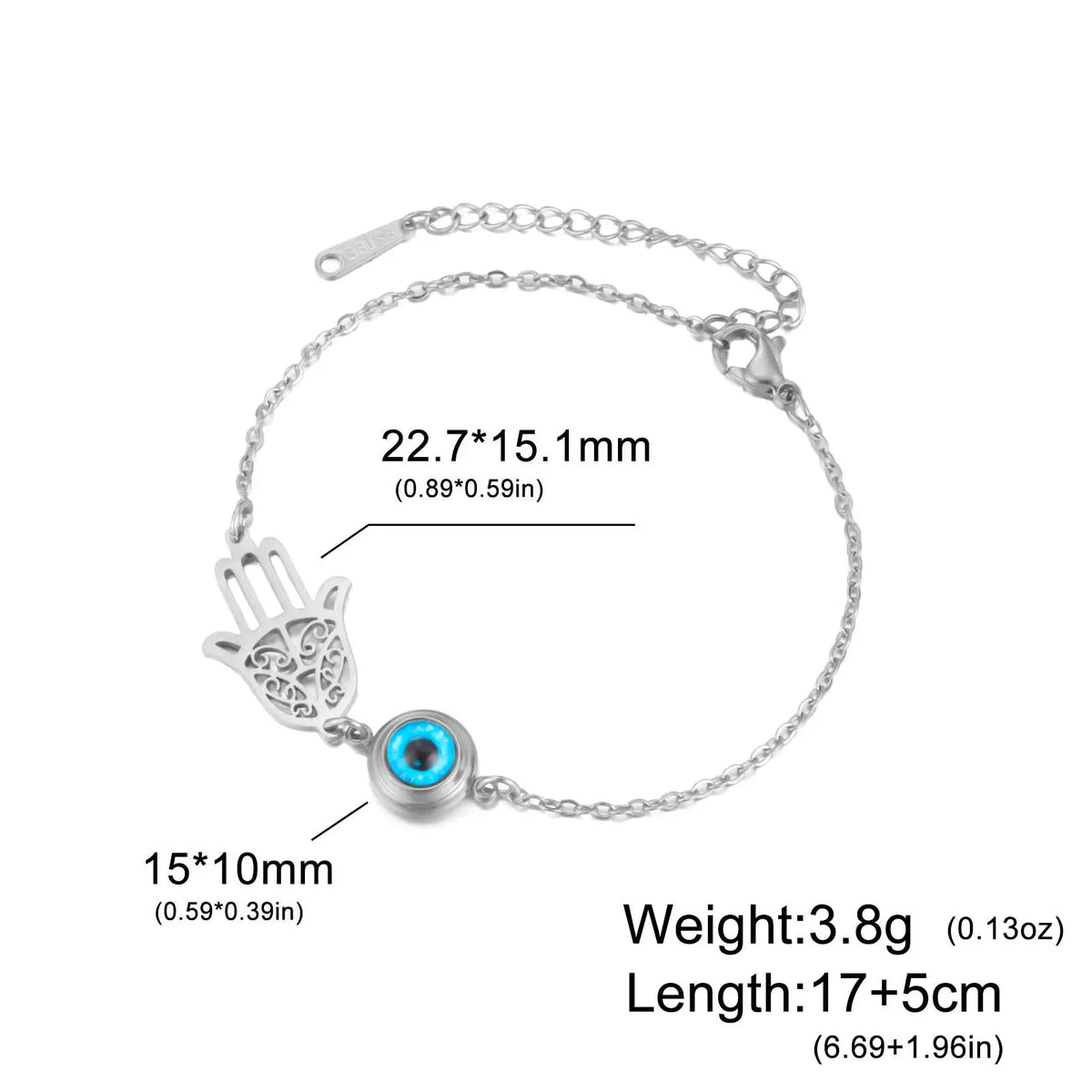 Bracelet Main de Fatima Filigranée et Cabochon Bleu Argenté