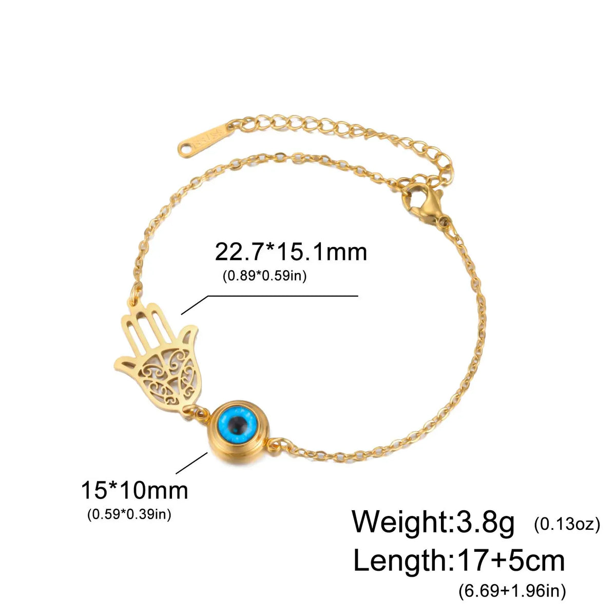Bracelet Main de Fatima Filigranée et Cabochon Bleu Doré