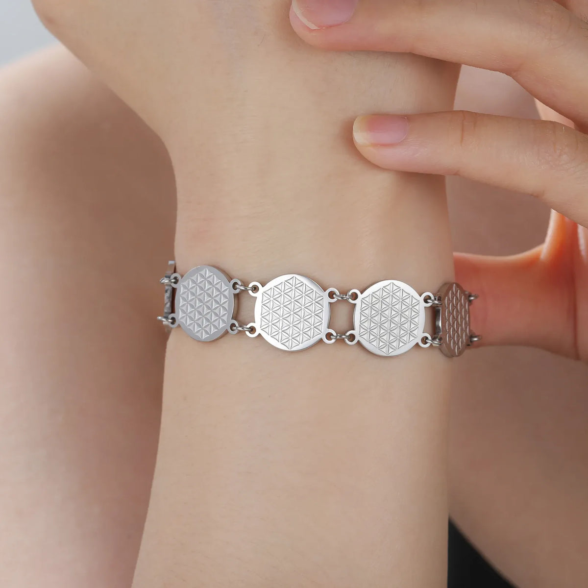 Bracelet Médaillons Fleur de Vie Hexagonale Argenté