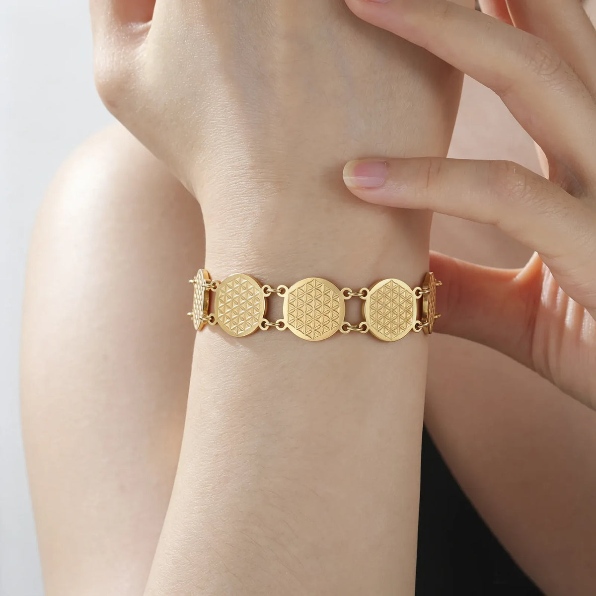 Bracelet Médaillons Fleur de Vie Hexagonale Doré