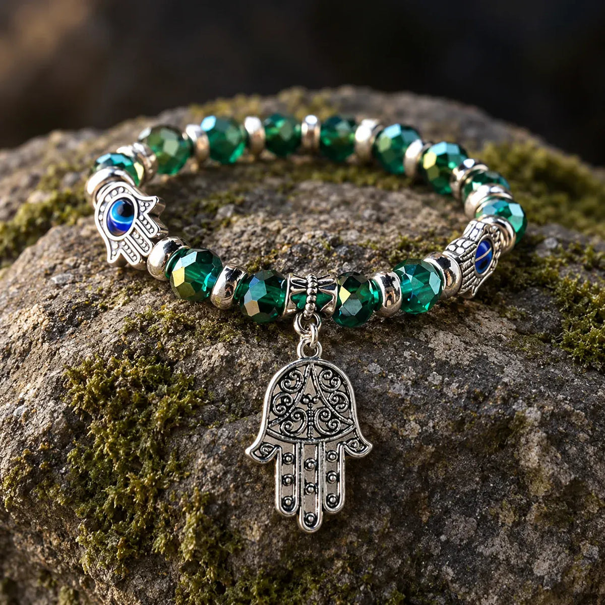 Bracelet Perles de Cristal Mains de Fatima et Breloque