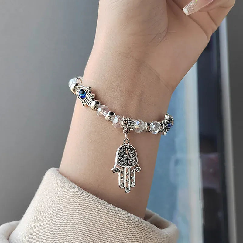 Bracelet Perles de Cristal Mains de Fatima et Breloque Transparent