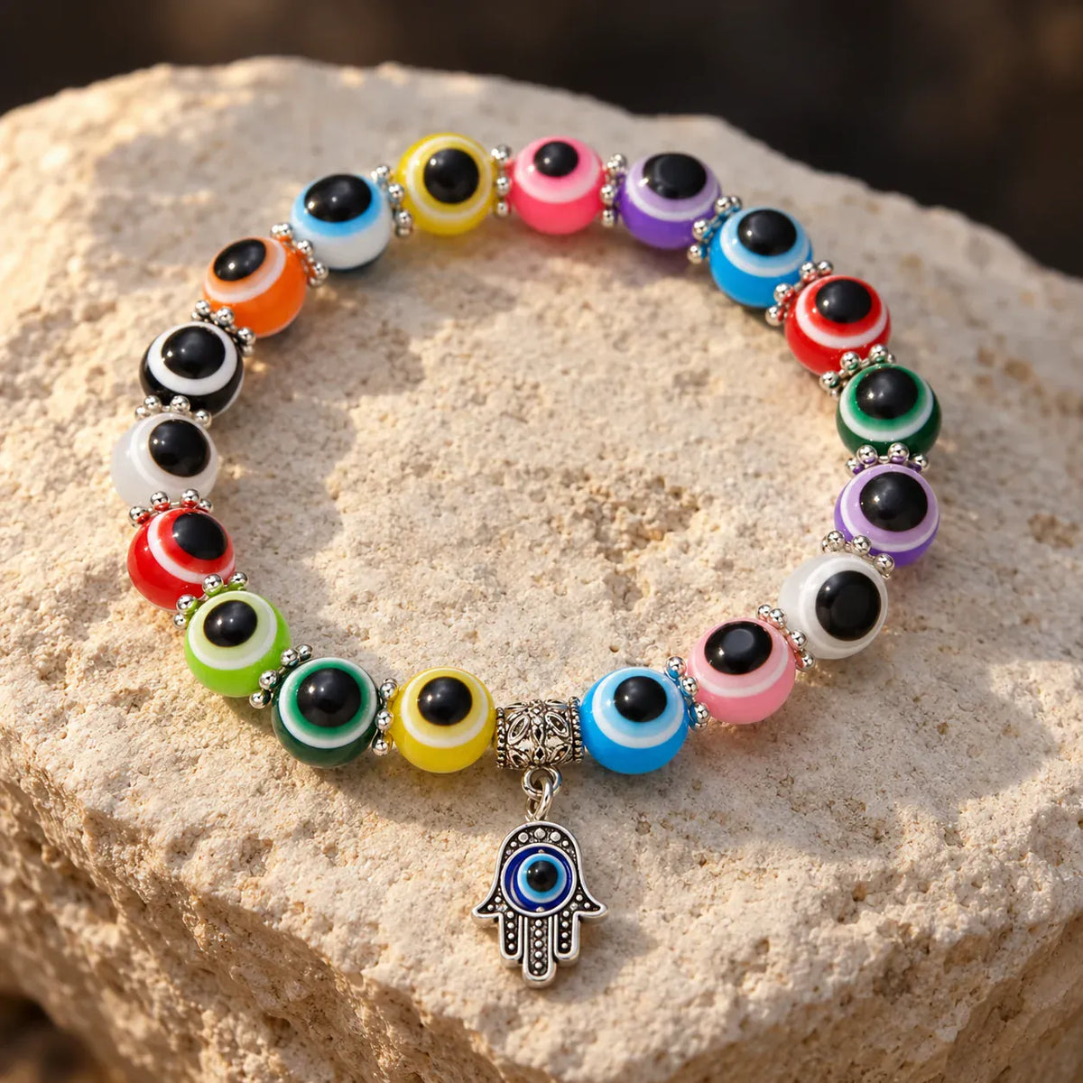 Bracelet Perles Œil Turc et Breloque Main de Fatima
