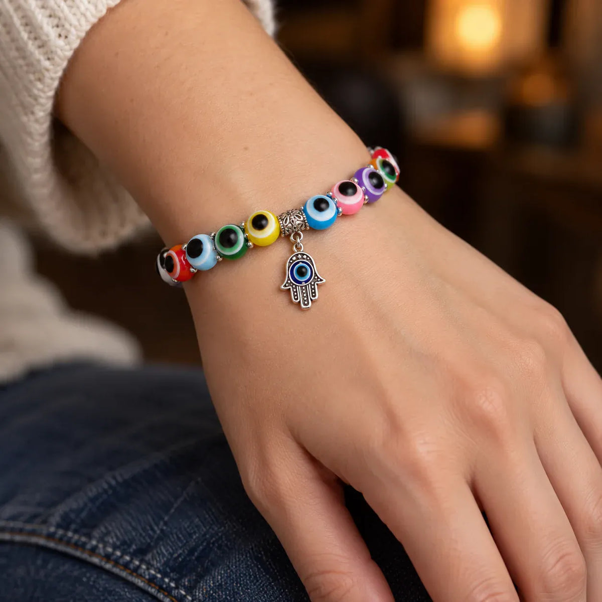 Bracelet Perles Œil Turc et Breloque Main de Fatima