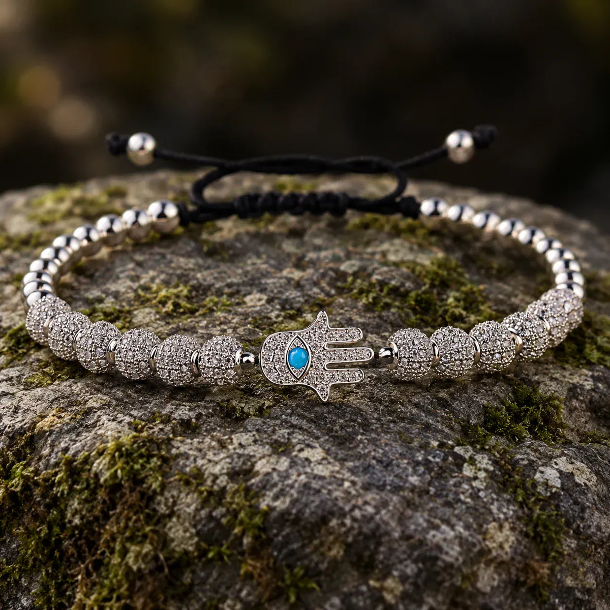 Bracelet Perles Serties Main de Fatima Turquoise