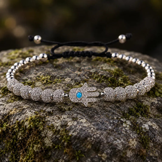 Bracelet Perles Serties Main de Fatima Turquoise