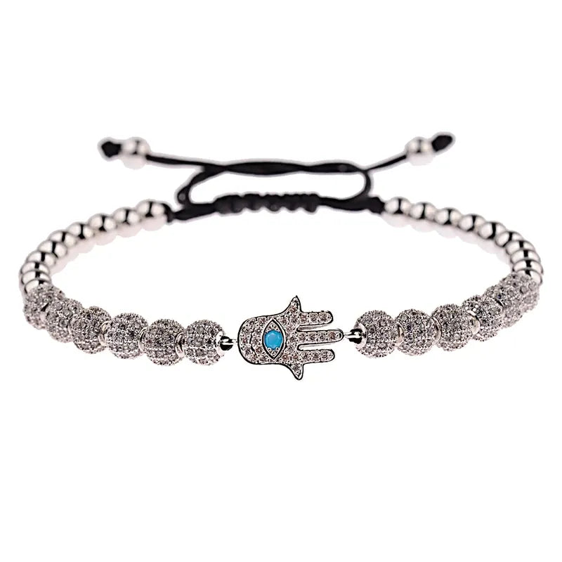 Bracelet Perles Serties Main de Fatima Turquoise Argenté