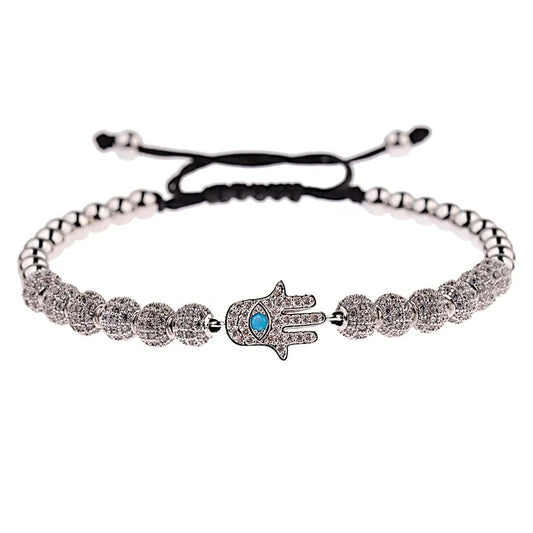 Bracelet Perles Serties Main de Fatima Turquoise Argenté
