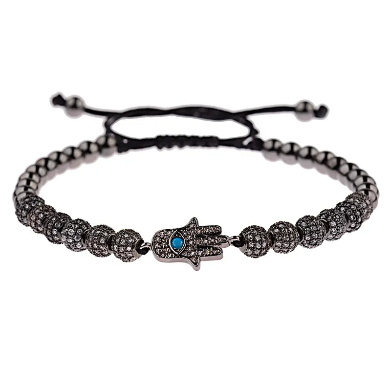 Bracelet Perles Serties Main de Fatima Turquoise Noir