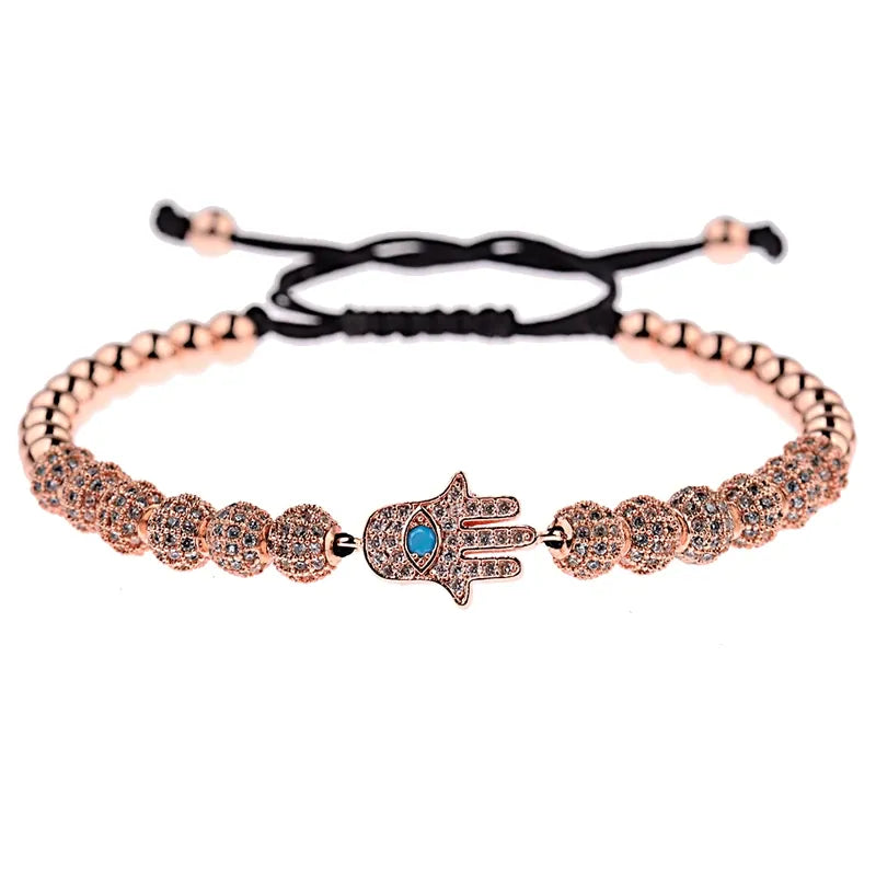 Bracelet Perles Serties Main de Fatima Turquoise Or rose
