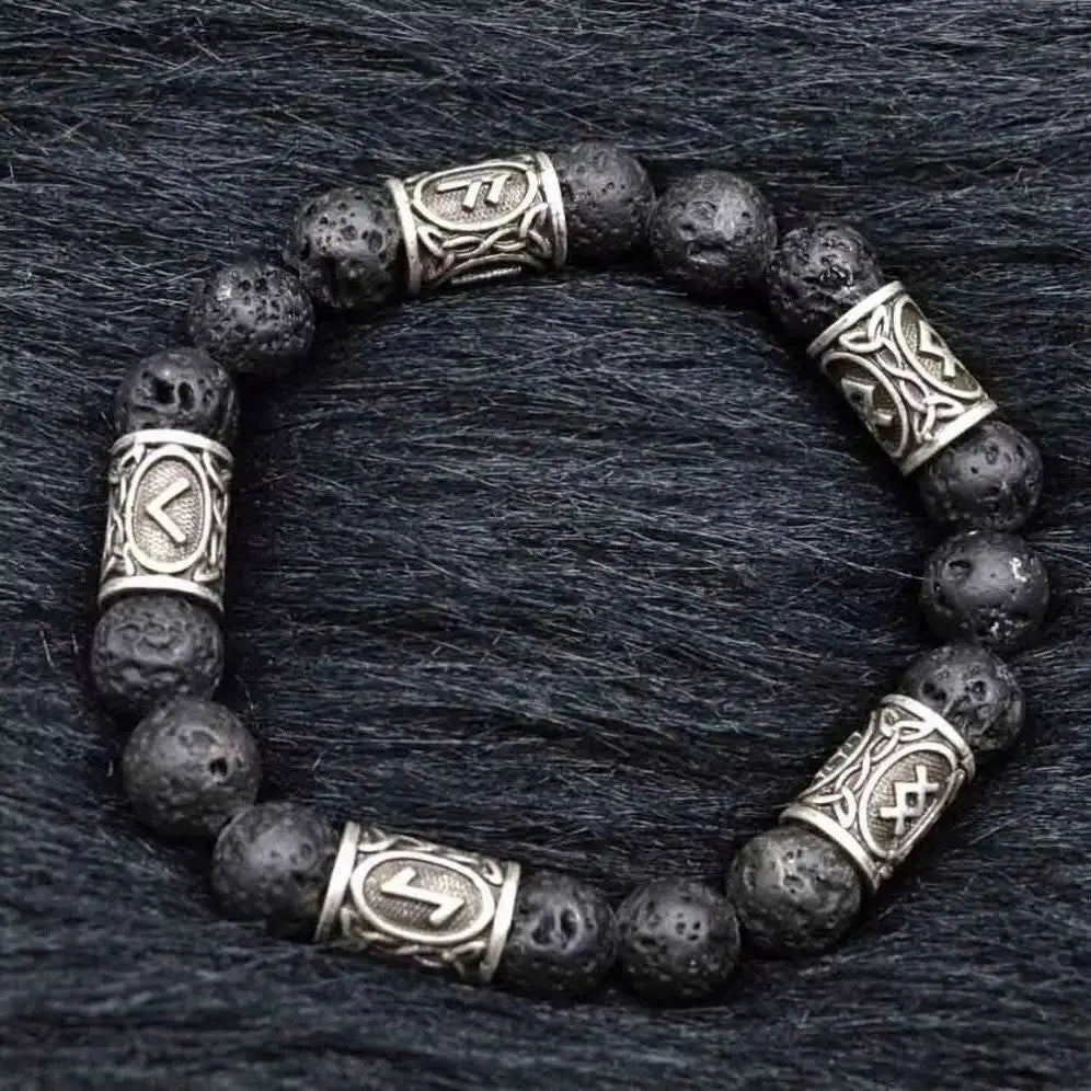 Bracelet Pierre de Lave Runique Argent / 5 runes
