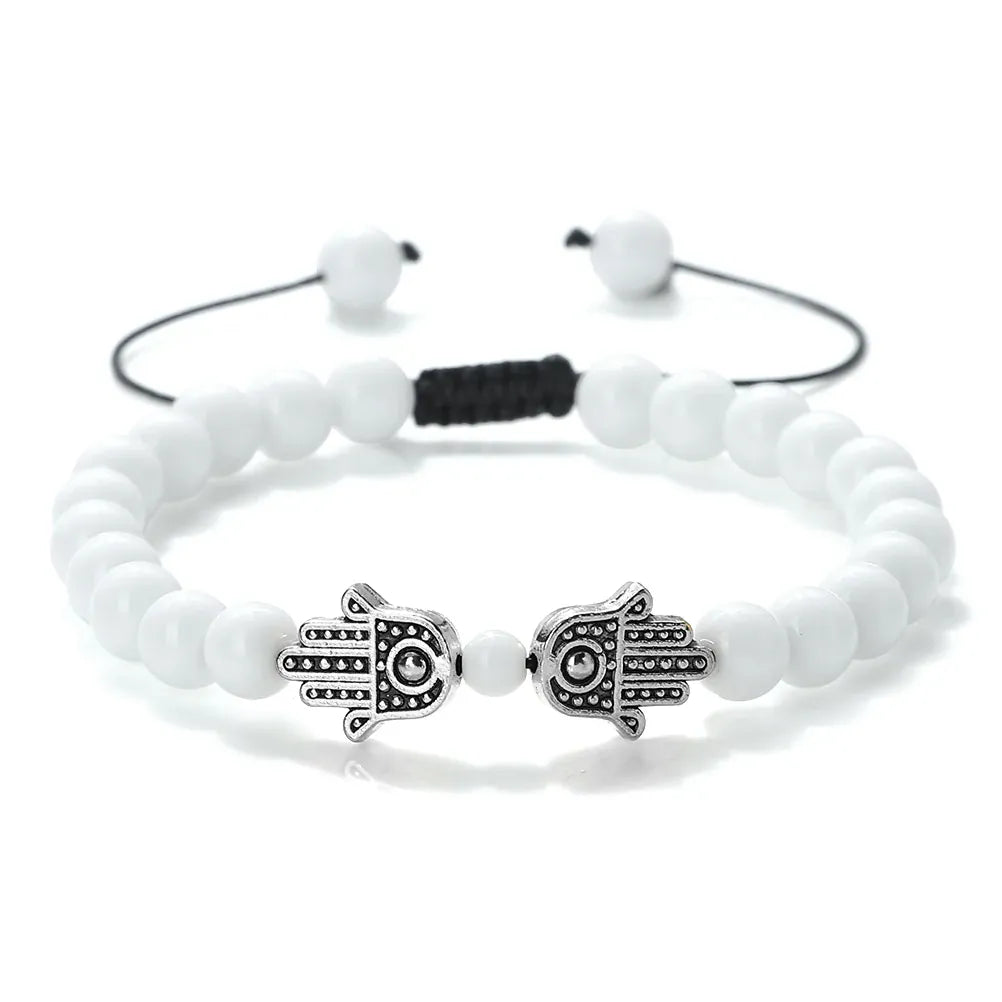 Bracelet Pierres Naturelles Deux Mains de Fatima Blanc argenté