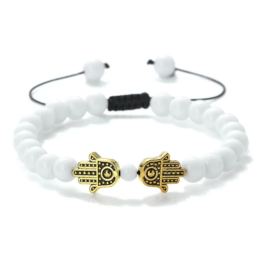 Bracelet Pierres Naturelles Deux Mains de Fatima Blanc doré
