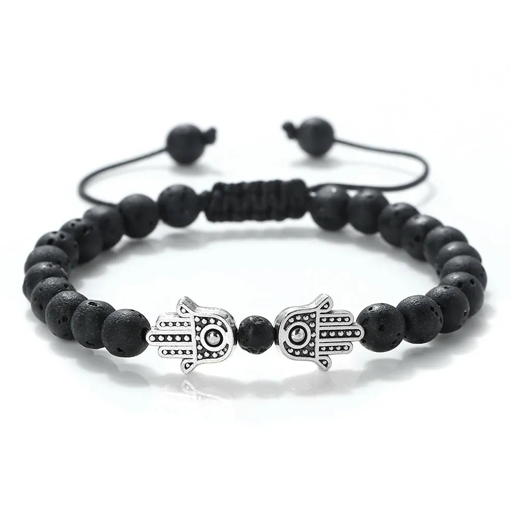 Bracelet Pierres Naturelles Deux Mains de Fatima Lave argenté