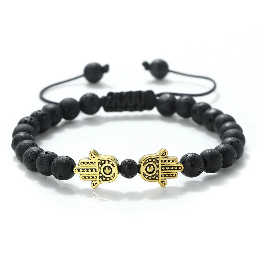 Bracelet Pierres Naturelles Deux Mains de Fatima Lave doré