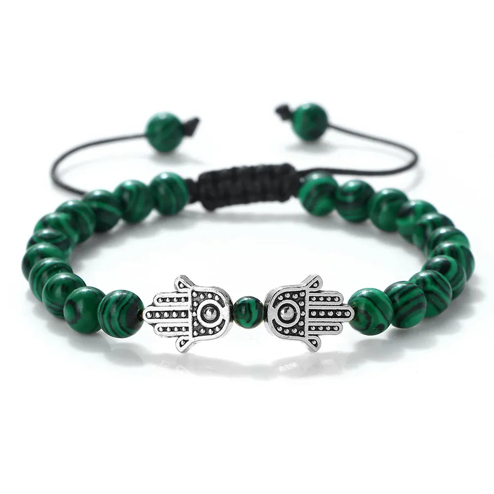 Bracelet Pierres Naturelles Deux Mains de Fatima Malachite argenté