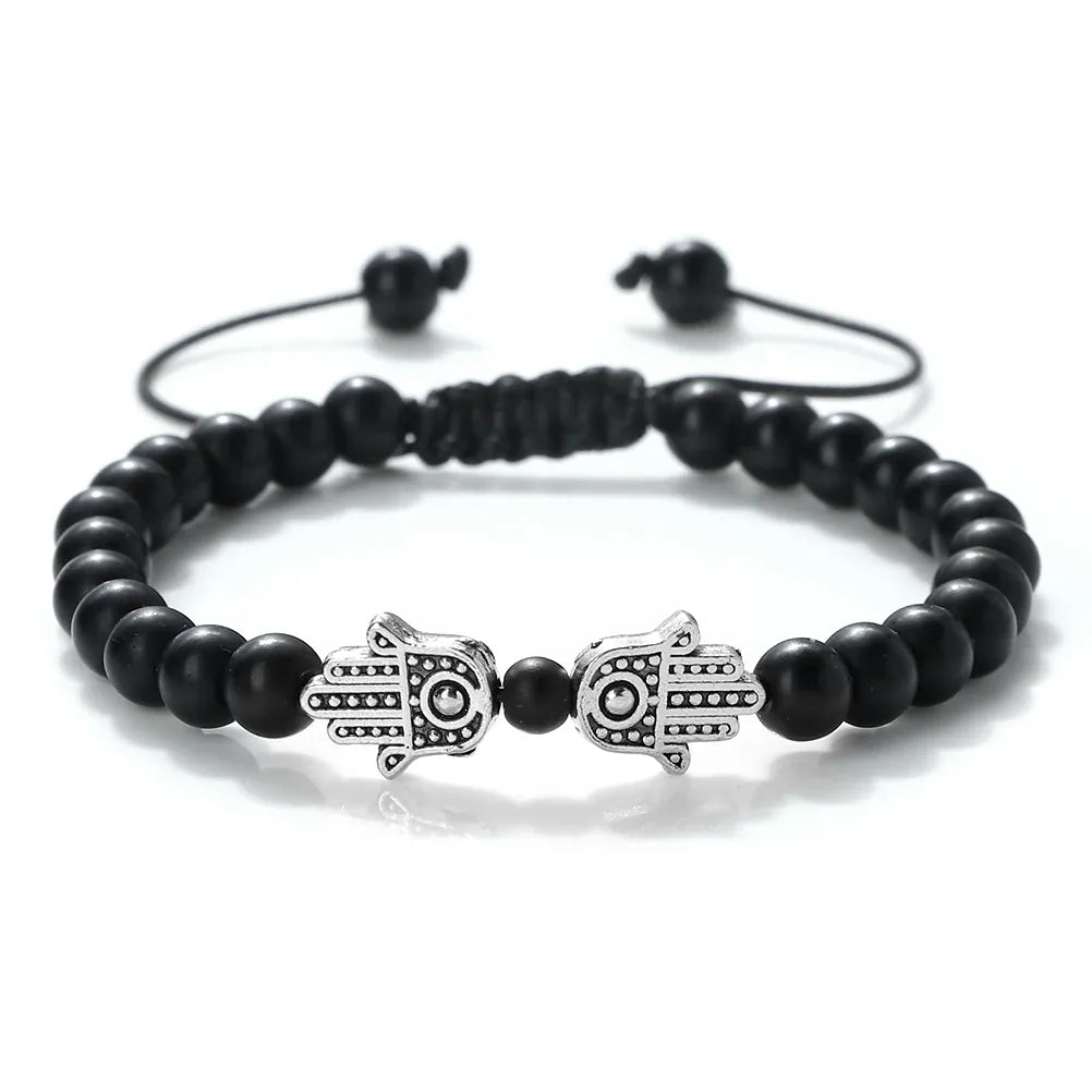 Bracelet Pierres Naturelles Deux Mains de Fatima Noir mat argenté