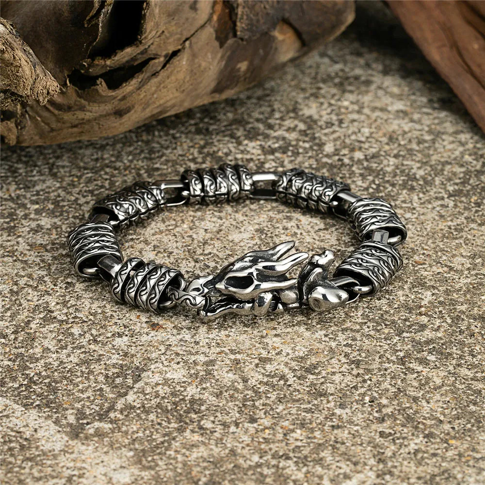 Bracelets vintage tête de dragon pour hommes, style steampunk, en acier inoxydable, bracelet de motard, bijou scandinave rock pour homme