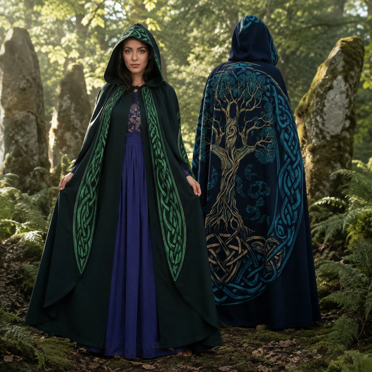 Capes celtiques arbre de vie verte et bleue portees par une femme et un homme dans une clairiere