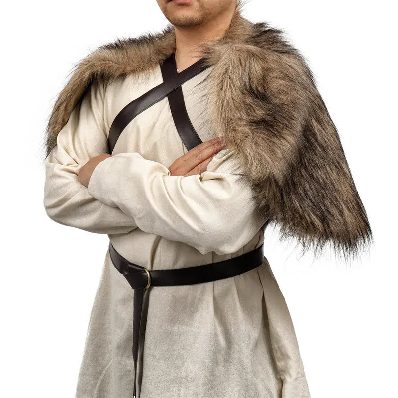 Cape en fausse fourrure pour homme, Cape d'épaule avec sangle de poitrine, col en fausse fourrure, Cape en fourrure Viking rétro, Costume de Cosplay d'halloween A / Taille unique