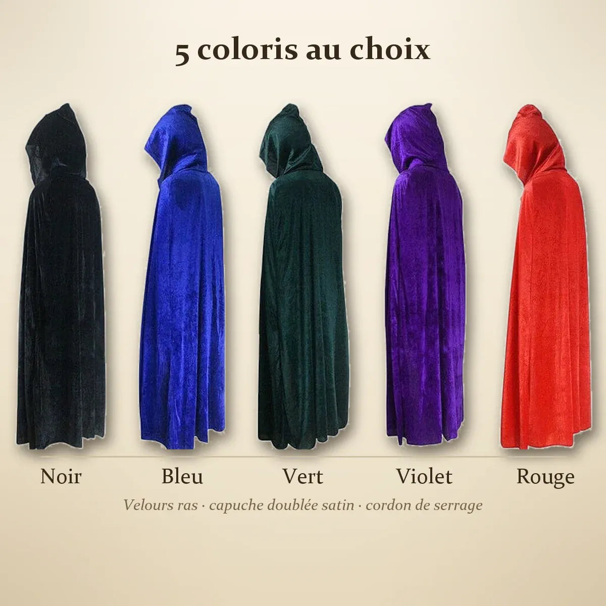 Cape médiévale en velours — 5 coloris disponibles : noir, bleu, vert, violet, rouge