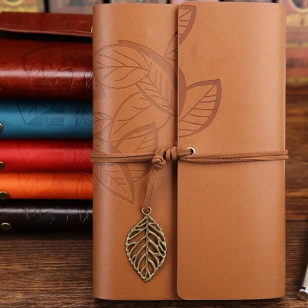 Carnet en cuir - Motif feuille Beige / S : 10.5 x 14.5 cm