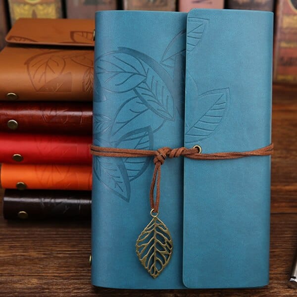 Carnet en cuir - Motif feuille Bleu / S : 10.5 x 14.5 cm