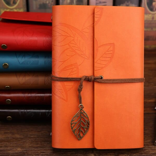 Carnet en cuir - Motif feuille Orange / S : 10.5 x 14.5 cm