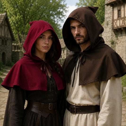 Chaperon médiéval porté, coloris rouge et marron — Médiéfan