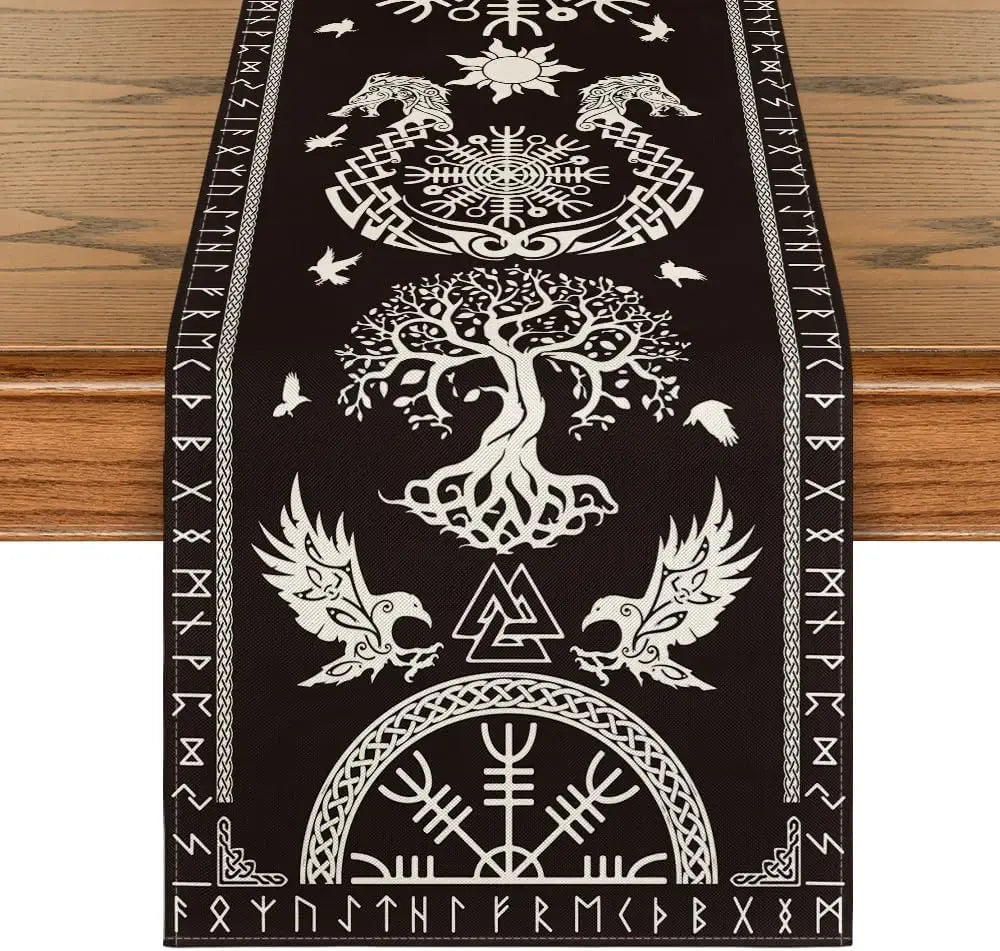 Chemin de Table Viking en Lin Noir / 150 × 33 cm