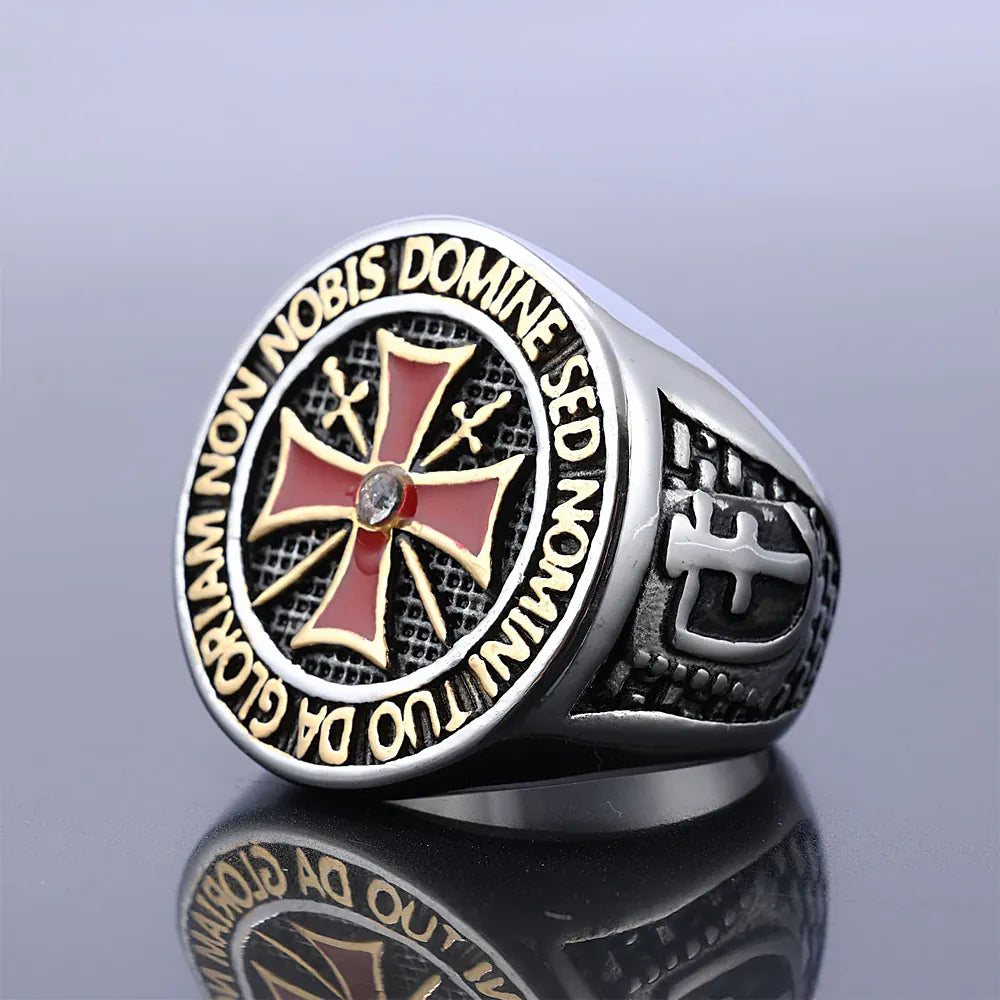 Chevalière templière croix rouge « Non Nobis Domine » dorée