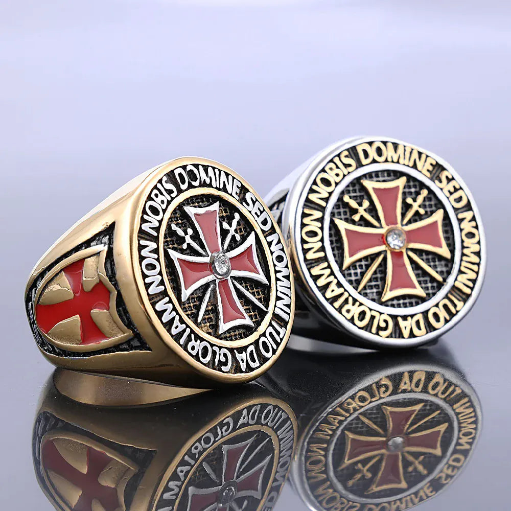 Chevalière templière croix rouge « Non Nobis Domine » dorée