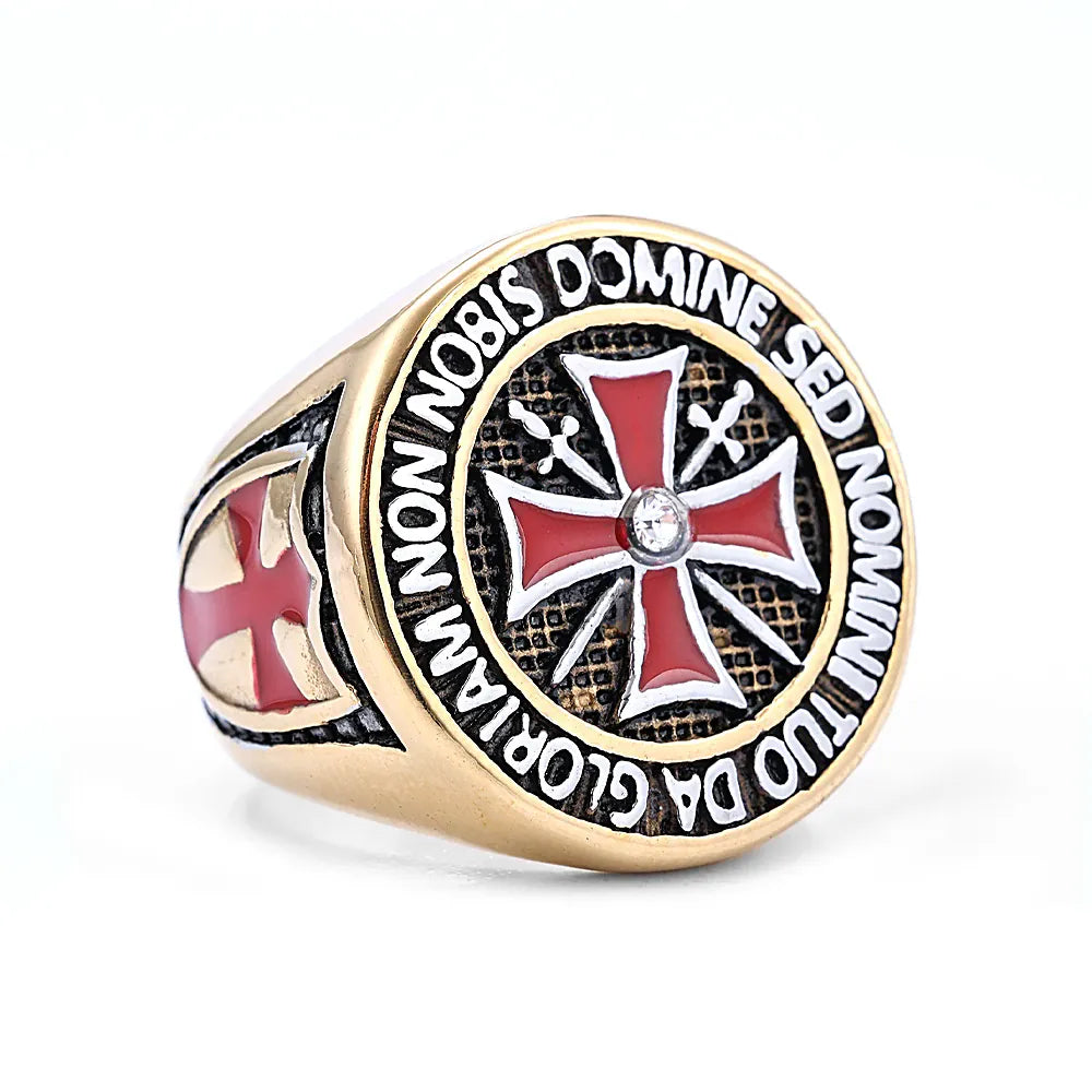 Chevalière templière croix rouge « Non Nobis Domine » dorée comme sur la photo 1 / 8