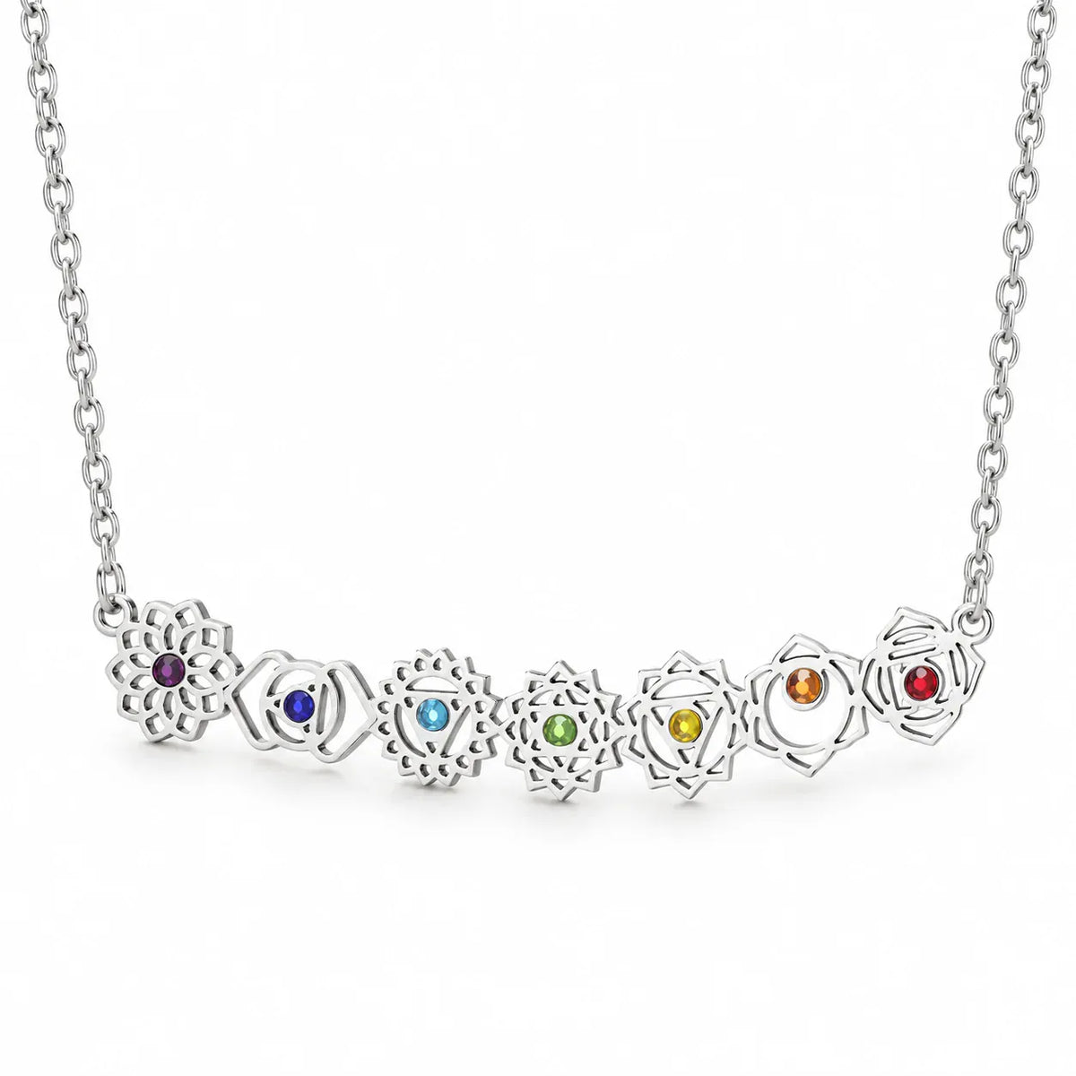 Collier Barre Horizontale aux 7 Symboles des Chakras Argenté / 45 cm